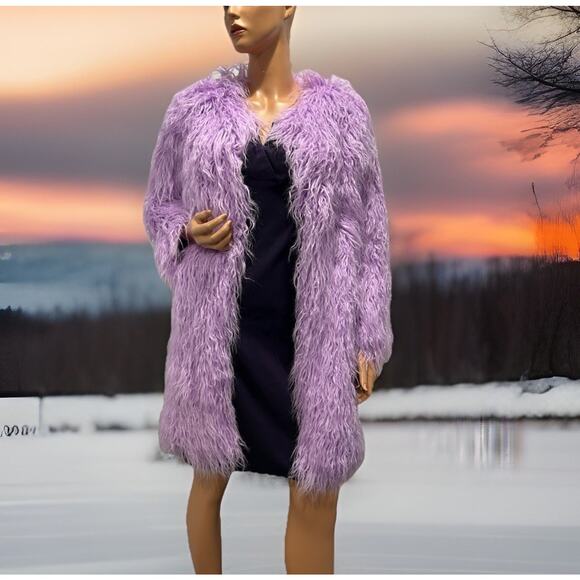 Mongolian Sheepskin Faux Fur Coat Jacket Lilac Lavender Purple Size S/Medium - Picture 2 of 11